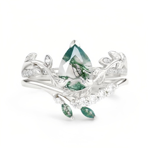 F Moss Agate Moissanite Ring