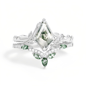 D Moss Agate Moissanite Ring