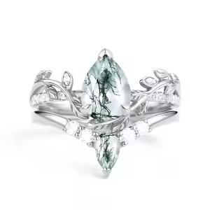 D Moss Agate Moissanite Ring