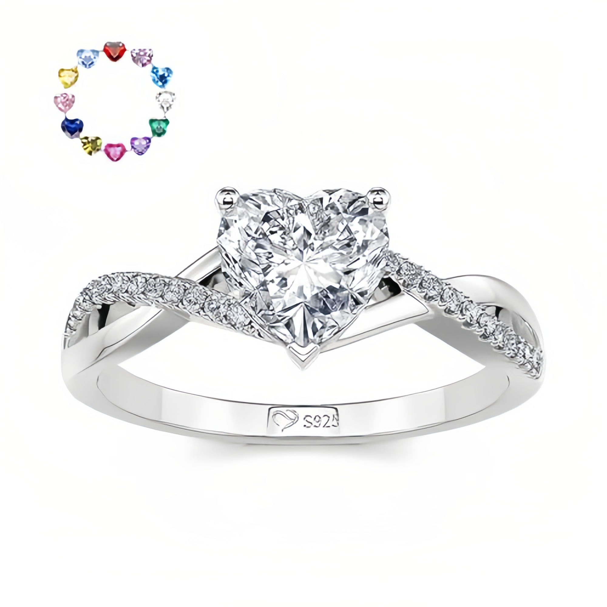 DIYARING Personalized Birthstone Rings For Women,sterling Silver Heart Cut Engagement Ring For Her Customized Twisted Moissanite Halo Wedding Ring Band With Jewelry Gift Box