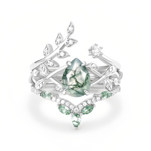 A Moss Agate Moissanite Ring