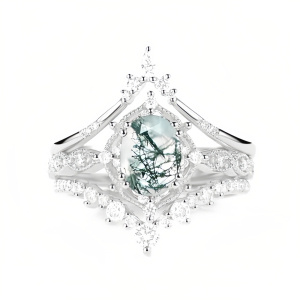 D Moss Agate Moissanite Ring