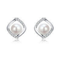 wholesale 925 Sterling Silver Elegant Twisted Silver Pearl Earrings With Zircon-accented Studs-undefined