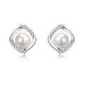 wholesale 925 Sterling Silver Elegant Twisted Silver Pearl Earrings With Zircon-accented Studs-0-5