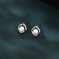 wholesale 925 Sterling Silver Elegant Twisted Silver Pearl Earrings With Zircon-accented Studs-0-1