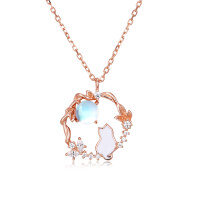 wholesale 925 Sterling Silver Rose Gold Moonstone Necklace With Zircon-accented Cat Silhouette Pendant-undefined