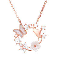 wholesale 925 Sterling Silver Elegant Rose Gold Butterfly & Flower Necklace With Gemstone Accents-undefined