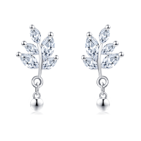 wholesale 925 Sterling Silver Elegant Silver Crystal Leaf Earrings With Dangling Balls-undefined
