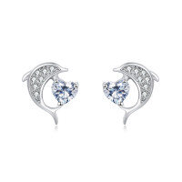 wholesale 925 Sterling Silver Elegant Silver Dolphin Earrings With Heart-shaped Zircon Accents-undefined
