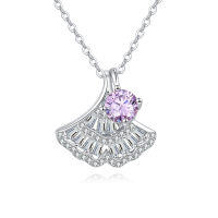 wholesale 925 Sterling Silver Elegant Silver Pink Moissanite Fan-shaped Pendant Necklace With Sparkling Accents-style