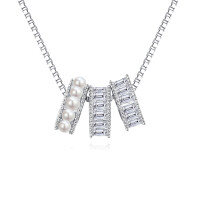 wholesale 925 Sterling Silver Elegant Pearl And Baguette Zircon Necklace With Symmetrical Design-style