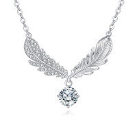 wholesale 925 Sterling Silver Elegant Moissanite Feather Pendant Necklace-undefined