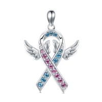 wholesale 925 Sterling Silver Baby Footprint Awareness Ribbon Pendant Necklace Pink Blue Cz- Rhodium Plated Without Chain
