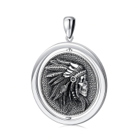 wholesale 925 Sterling Silver Indian Chief Headgear Skull Locket Pendant Necklace- Oxidized/Oxidised Without Chain