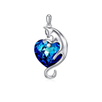 wholesale 925 Sterling Silver Blue Crystal Cat Heart Pendant Necklace for Women- Rhodium Plated Without Chain