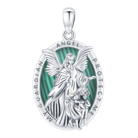 wholesale 925 Sterling Silver Guardian Angel Protect Me Necklace with Green Stone and Religious Figures Pendant for Women Men  48 Chain Length- Rhodium Plated Without Chain