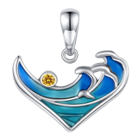 wholesale 925 Sterling Silver Teardrop Dolphin Ocean Wave Pendant Necklace with Blue Enamel and Yellow Crystal - Beach  for Women-Ocean Wave Without Chain