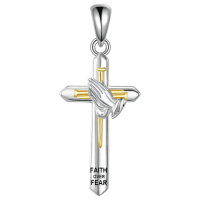 wholesale 925 Sterling Silver Cross Necklace Wholesale With Praying Hands And Faith Over Fear Inscription-Faith Necklace Without Chain