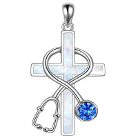 wholesale 925 Sterling Silver Cross with Stethoscope and Blue Crystal Pendant Necklace for Nurses-1-Stethoscope-White Opal Without Chain