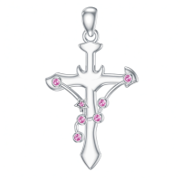 wholesale 925 Sterling Silver Cross Pendant Necklace With Pink Cubic Zirconia Platinum Plated For Women-Cancer Without Chain