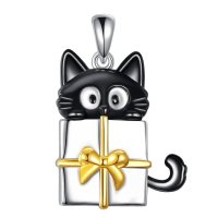 wholesale 925 Sterling Silver Black Cat Gift Box Pendant Necklace-C-Cat Without Chain