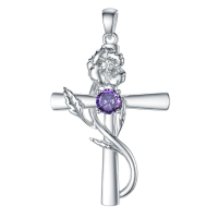 wholesale 925 Sterling Silver Cross Pendant With Red Gemstone And Lily Design-2-February-Violet Without Chain
