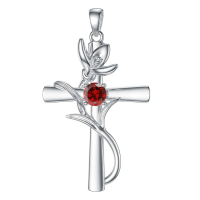 wholesale 925 Sterling Silver Cross Pendant With Red Gemstone And Lily Design-1-January-Snowdrop Without Chain