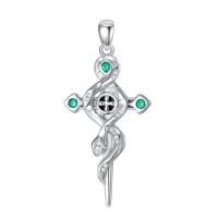 wholesale 925 Sterling Silver Cross with Snake and Emeralds Pendant Necklace for Women Gothic Halloween Jewelry-Snake Sword Without Chain