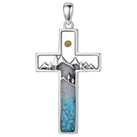 wholesale 925 Sterling Silver Turquoise Cross with Mountain Design and Yellow Stone Pendant Necklace - Religious Faith Jewelry for Women Gifts-Cross-Bar Without Chain