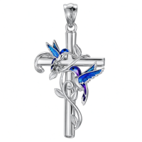wholesale 925 Sterling Silver Cross Pendant Necklace w/ Blue Hummingbirds & Purple Butterflies - Christian  for Her-Silver Without Chain