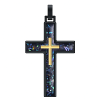 wholesale 925 Sterling Silver Mens Black Cross Necklace w/ Abalone Shell & Gold Accents-2-Abalone Shell Without Chain