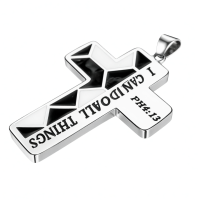 wholesale 925 Sterling Silver Cross Pendant with Engraved Bible Verse I Can Do All Things on Black and White Patterned Background - 3D Design Chain Necklace for Men Women  -Soccer Without Chain