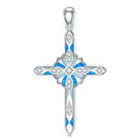 wholesale 925 Sterling Silver Blue Opal Inlay Cubic Zirconia Cross Pendant Necklace for Women-White Without Chain