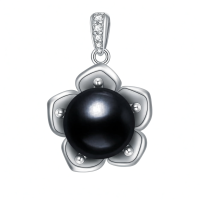 wholesale 925 Sterling Silver Flower-Shaped Black Freshwater Pearl Pendant Necklace with Cubic Zirconia Accents-Style 3 Without Chain