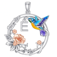 wholesale 925 Sterling Silver Hummingbird & Flower Initial E Pendant Necklaces for Women Girls Alphabet Letter s (E)-E Without Chain