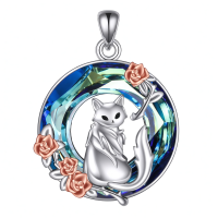 wholesale 925 Sterling Silver Blue Crystal Cat Pendant Necklace with Rose Accents-Cat Without Chain