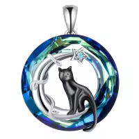 wholesale 925 Sterling Silver Black Cat in Blue Circle Crystal Pendant Necklace for Women-B-Cat Without Chain