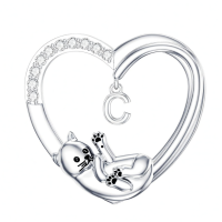 wholesale 925 Sterling Silver Stone Cat Heart Necklace w Initial 26 Alphabets Gift-C Without Chain
