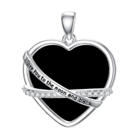 wholesale 925 Sterling Silver Heart Necklace Wholesale With Pink Inlay And Engraved Message-Black Onyx Without Chain