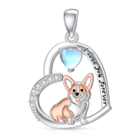 wholesale 925 Sterling Silver Corgi Love Forever Pendant Necklace-2-00-Moonstone Without Chain