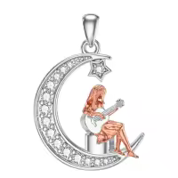 wholesale 925 Sterling Silver Crescent Moon with Girl Playing Guitar Pendant Necklace for Women-Guitar Without Chain