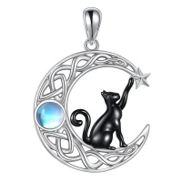 wholesale 925 Sterling Silver Abalone Shell Black Cat on the Moon Pendant Necklace for Women-Black Cat Moonstone Without Chain