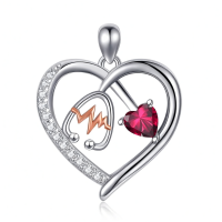 wholesale 925 Sterling Silver Gemstone Heart Stethoscope Pendant Necklace for Women-A7:July-Ruby Without Chain