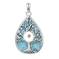 wholesale 925 Sterling Silver Teardrop Necklace Wholesale With Blue Enamel Tree Of Life Design And Center Circle Detail-Tree of Life Without Chain