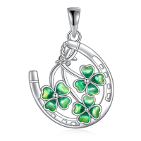 wholesale 925 Sterling Silver Green Enamel Horseshoe & Shamrock Pendant Necklace-Clover Horseshoe Without Chain