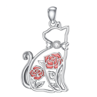 wholesale 925 Sterling Silver Labradorite Gemstone Christmas Holly Berry Cat Pendant Necklace for Women-6-Cat and Rose Without Chain