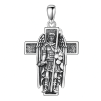 wholesale 925 Sterling Silver Guardian Angel Cross Pendant Necklace Religious Protection Charm Jewelry for Men-Saint Raphael Without Chain