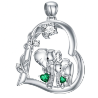 wholesale 925 Sterling Silver Moissanite Birthstone Elephant Family Mom Necklace 18+2 Chain-May-Emerald Without Chain