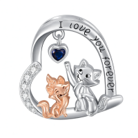 wholesale 925 Sterling Silver Metal Cat and Fox Pendant Necklace with Heart Charm - Valentine's Gift for Her Him-Fox Without Chain