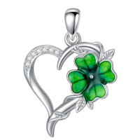 wholesale 925 Sterling Silver Green Enamel Heart & Four-Leaf Clover Pendant Necklace for Women-Style A Without Chain